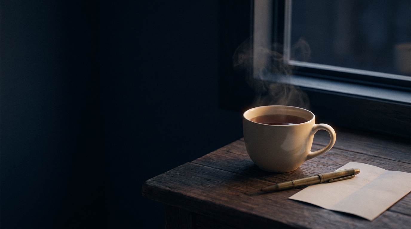 窗邊一杯暖茶、紙與筆，安靜的深夜閱讀角落